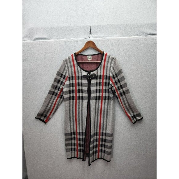 Anne Klein Womens Plaid Long Cardigan Coat With Buckle Closure - Picture 1 of 4